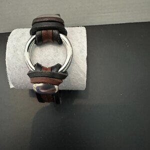 Vintage Black & Brown Leather with Stainless Steel Ring